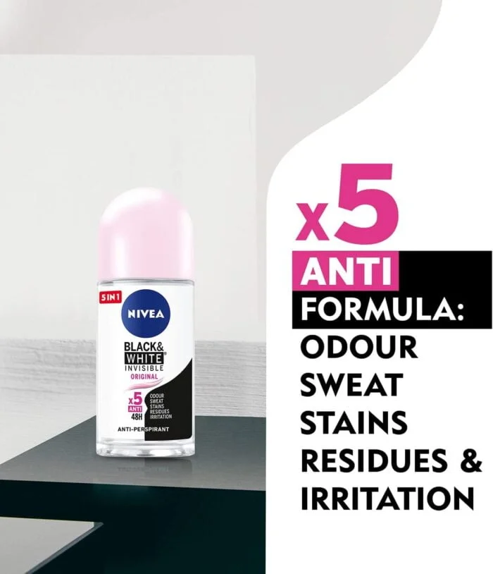 NIVEA Antiperspirant Roll-On For Women - Black and White Invisible Protection Original 50ml - Image 5