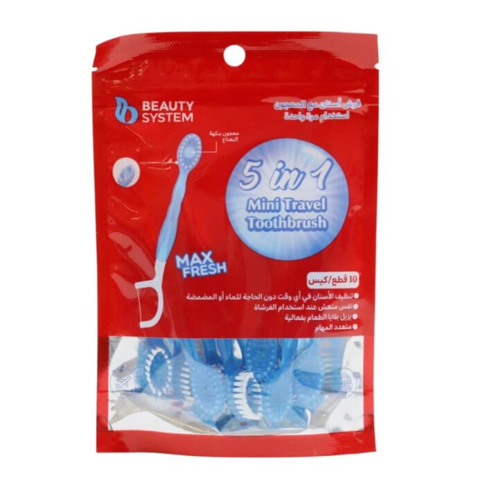 فرشة أسنان مع معجون استخدام لمرة واحدة من بيوتي سيستم 10 قطع | اوتلت بترا كير - BEAUTY SYSTEM mini travel toothbrush with toothpaste 5 in 1 10pcs | Outlet Petra Care