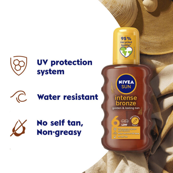 نيفيا بخاخ زيت تان بعامل حماية 6 اس بي اف 200 مل | اوتلت بترا كير - Nivea intense bronze golden & lasting tan spray 6 SPF 200ml | Petra Care Outlet